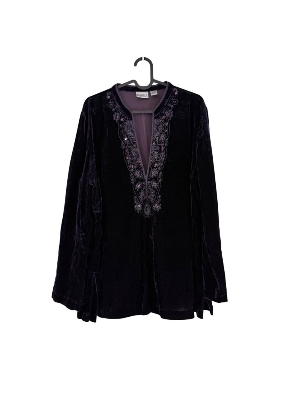Chicos Womens Large Eggplant Velvet Beaded Embroidered Vneck Blouse Long Sleeve